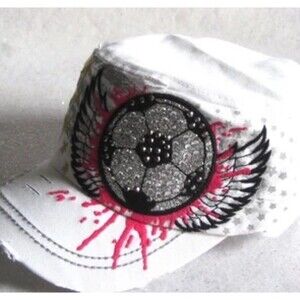 Leader Logo Winged Bling Soccer Ball Distressed Cadet Cap White Rhinestone OS